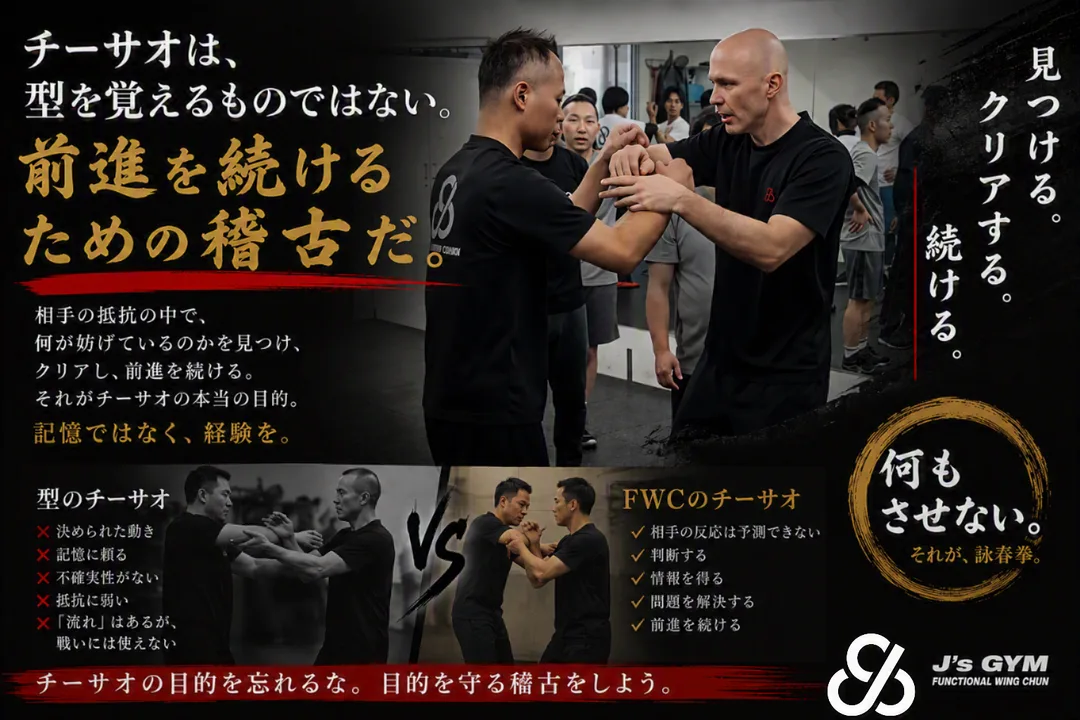 FWCは別の考え方を採用しています。

複雑な答えを覚えるのではなく、

本来解決すべき問題を残したまま稽古する。

そのため、稽古では常に

    何が前進を妨げているのかを見つける。
    接触から情報を得る。
    状況を判断する。
    障害をクリアする。